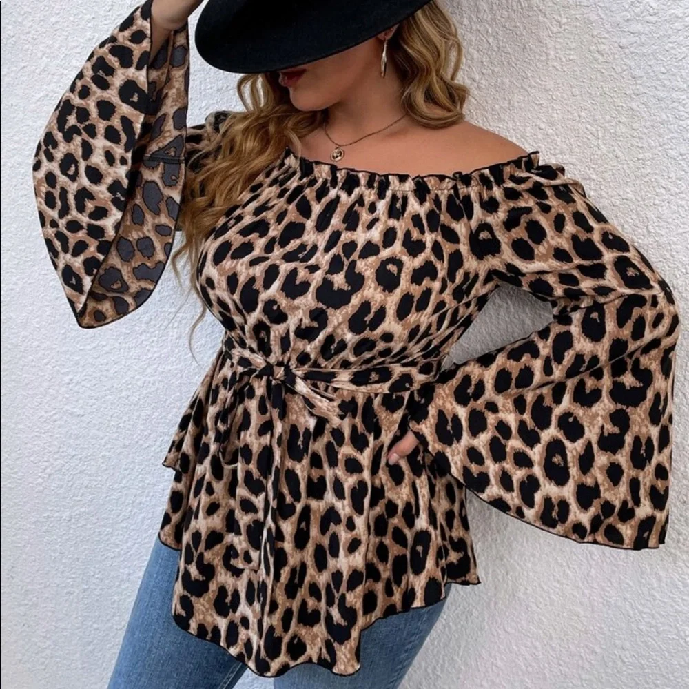 Boho Plus Size Leopard Print Off Shoulder Bell Sleeve Belted Top Blouse - Picture 5 of 6